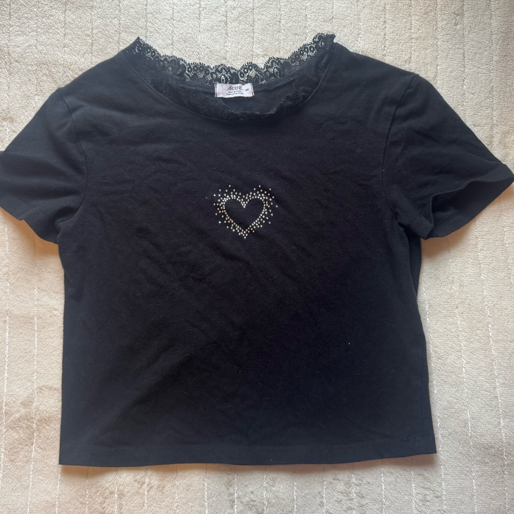 Black Lace Trim Heart T-Shirt